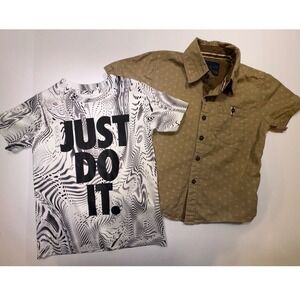 Nike Boys Just Do It Dri-FIT Tee & Day & Age Tan Button Down Shirt Bundle Size 4